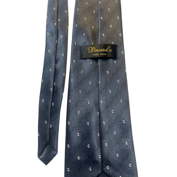 Drussel Hand Made Men's Tie Navy Blue with White Diamond Pattern 100% Polyester - Picture 3 of 6
